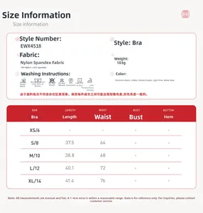 Size chart for yoga sports bra showing measurements, fabric specs and washing instructions