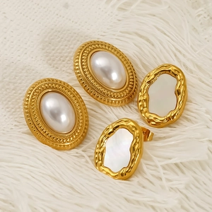 Vintage Oval Stud Earrings 18K Gold Plated 304 Stainless Steel With Imitation Artificial Pearl And Natural Shell For Women
