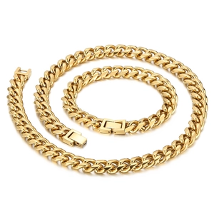 Polished gold cuban link necklace and bracelet set with jewelry clasp on white background