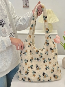 Cream floral plush tote bag with flower patterns and soft fleece texture for women