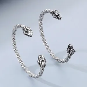 Bracelet Jonc Ouvert 316L Acier Inoxydable Tête De Loup Serpent Torsadé Vintage Viking Gothique Punk Pour Homme