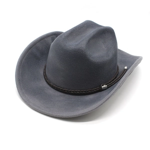 Classic dark grey wool felt fedora cowboy hat with woven brown band and silver buckle