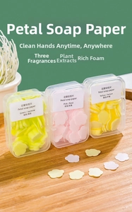 Macro shot of jasmine rose and lemon petal soap papers in transparent portable cases