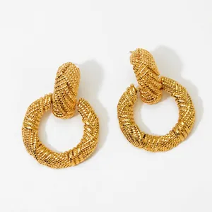 Fashionable gold plated geometric hoop earrings with textured rope design for women