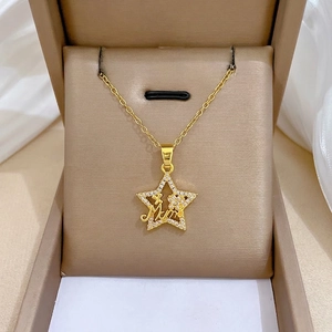 Mama Star Pendant Necklace Stainless Steel Chain Gold Plated Micro Inlaid Zircon Pentagram Jewelry Gift For Women Elegant Style