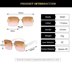 Detailed dimension chart showing frame width 145mm and lens size for square rimless sunglasses