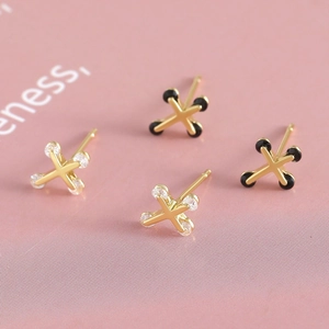 Gold-plated minimalist cross stud earrings with black beads and white cubic zirconia