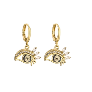 Detail of 18K gold plated evil eye earrings featuring micro-pave cubic zirconia stones