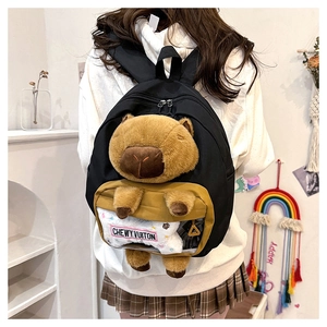 Detail view of the black capybara backpack featuring a plush animal design and PVC pocket