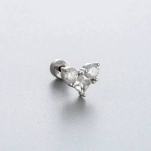 Titanium steel cartilage stud earring with heart shaped cubic zirconia and screw back