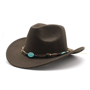 Detailed view of dark brown felt cowboy hat with turquoise stone and woven leather band