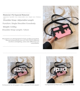 Detail view of pink box bag showing 19x12x5 cm dimensions and 126cm adjustable strap