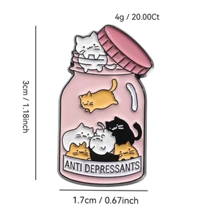 Detailed view of pink cat bottle enamel pin with dimensions 3cm by 1.7cm on white background