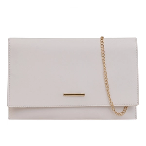 Elegant white geometric envelope bag with gold hardware and a delicate chain strap