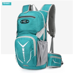 Detail view of teal cycling backpack with breathable grey mesh straps and chest buckle