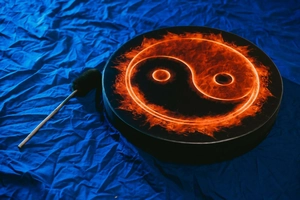 Top view of a black shamanic drum with flaming Yin Yang pattern on blue fabric