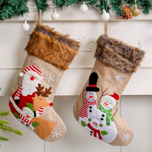 Christmas Stocking Large Burlap With Faux Fur Trim Hanging Gift Candy Bag Santa Reindeer Snowman Rustic Holiday Decor