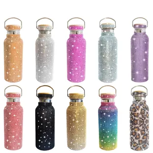 Rhinestone Insulated Water Bottle Bling Bling Vacuum Flask Double Walled Stainless Steel With Bamboo Lid And Portable Handle