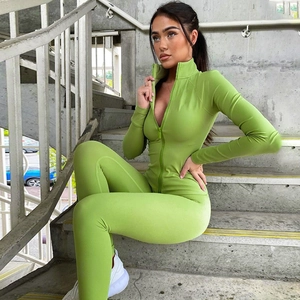 Women's Sporty Solid Color Yoga Set Top And Bottom Zip Up Stand Collar Long Sleeve Jacket High Waist Tight Leggings Activewear