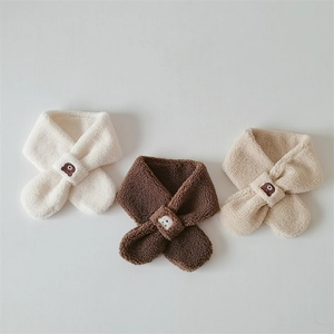 Three children fleece scarves in white brown and beige with cute bear embroidery decor