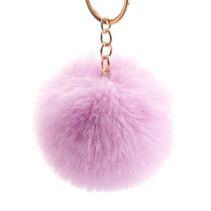 Pluffy lavender faux rabbit fur pom pom keychain with a polished golden metal ring