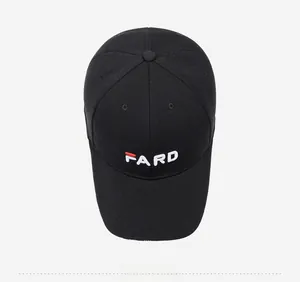 Detailed close-up of embroidered FARD logo on black six-panel cotton canvas baseball cap