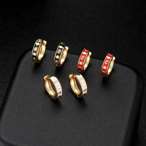14k gold plated hoop earrings set with black, red and white enamel polka dot patterns