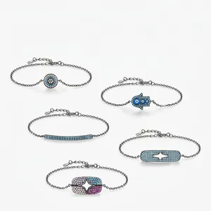 925 Sterling Silver Bracelet Evil Eye Hamsa Hand Star Synthetic Turquoise Zirconia Gunmetal Plated Gothic Dark Style Women