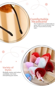 Close-up of plush animal ear headbands with silk bows and golden bells in various colors