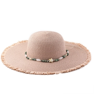 Wide brim straw sun hat with ethnic beaded band and star accents for summer beach sun protection