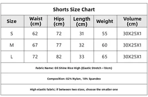 Tabella taglie per pantaloncini sportivi lucidi a vita alta con misure S, M, L