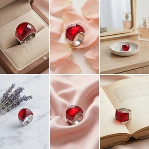 Detailed views of a large faceted red crystal ring on various elegant backgrounds