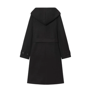 Back view of a black hooded long coat with waist-cinching cut and decorative cuff buttons