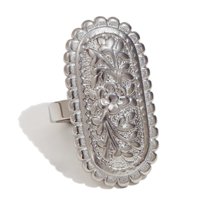 Silver stainless steel oval ring featuring vintage floral relief and scalloped edges