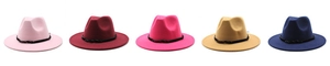 Flat lay of five colorful wool fedora hats with black braided bands on a white background