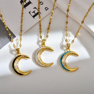Crescent Moon Pendant Necklace Copper Gold Plated Enamel Inlaid Zirconia Elegant Minimalist Jewelry For Women
