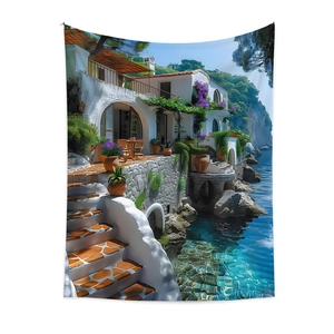 Detail of Mediterranean coastal landscape tapestry featuring blue sea and white archway