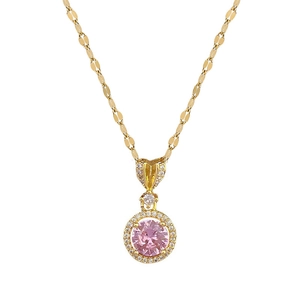 Elegant gold titanium steel necklace featuring a round pink gemstone pendant with halo diamonds