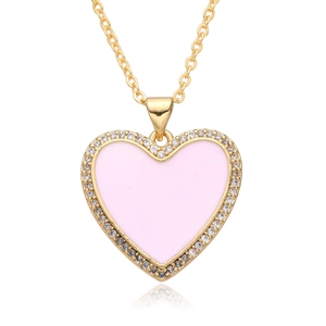 Chic gold heart necklace with light pink enamel and shimmering cubic zirconia stones