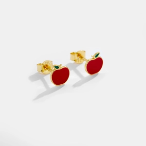 Cute gold plated S925 sterling silver apple stud earrings with vibrant red enamel finish