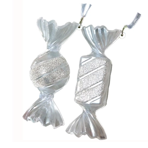 Decorazioni natalizie a forma di caramelle bianche trasparenti con glitter e argento