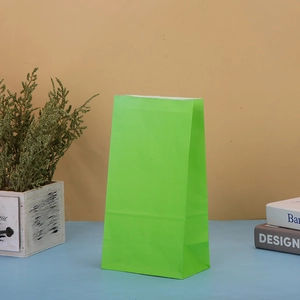 Vertical green kraft paper gift bag with flat opening for party food packaging