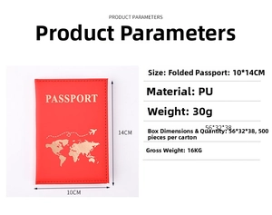 Detailed view of red PU passport holder with gold world map print and 10x14cm size info