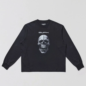 Classic black cotton long sleeve T-shirt featuring a realistic skull graphic print