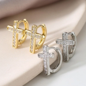 Cross Pendant Huggie Hoop Earrings Copper Brass Micro Pave White Cubic Zirconia Minimalist Punk Jewelry For Women Men
