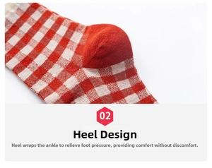 Detail of red and white checkered socks showing heel design for ankle support