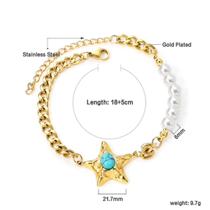 Gold plated stainless steel star bracelet with white pearls and turquoise charm