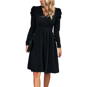 Elegant black long sleeve V-neck A-line dress with waist cinching for women