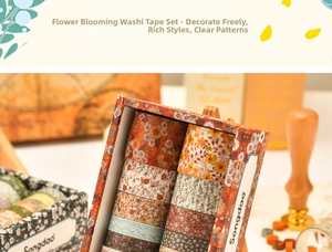 Macro view of floral washi tape set with vintage maple leaves and decorative patterns