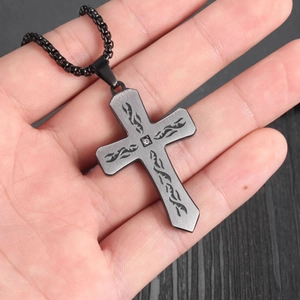 Men's black cross necklace featuring flame patterns and a central rhinestone pendant